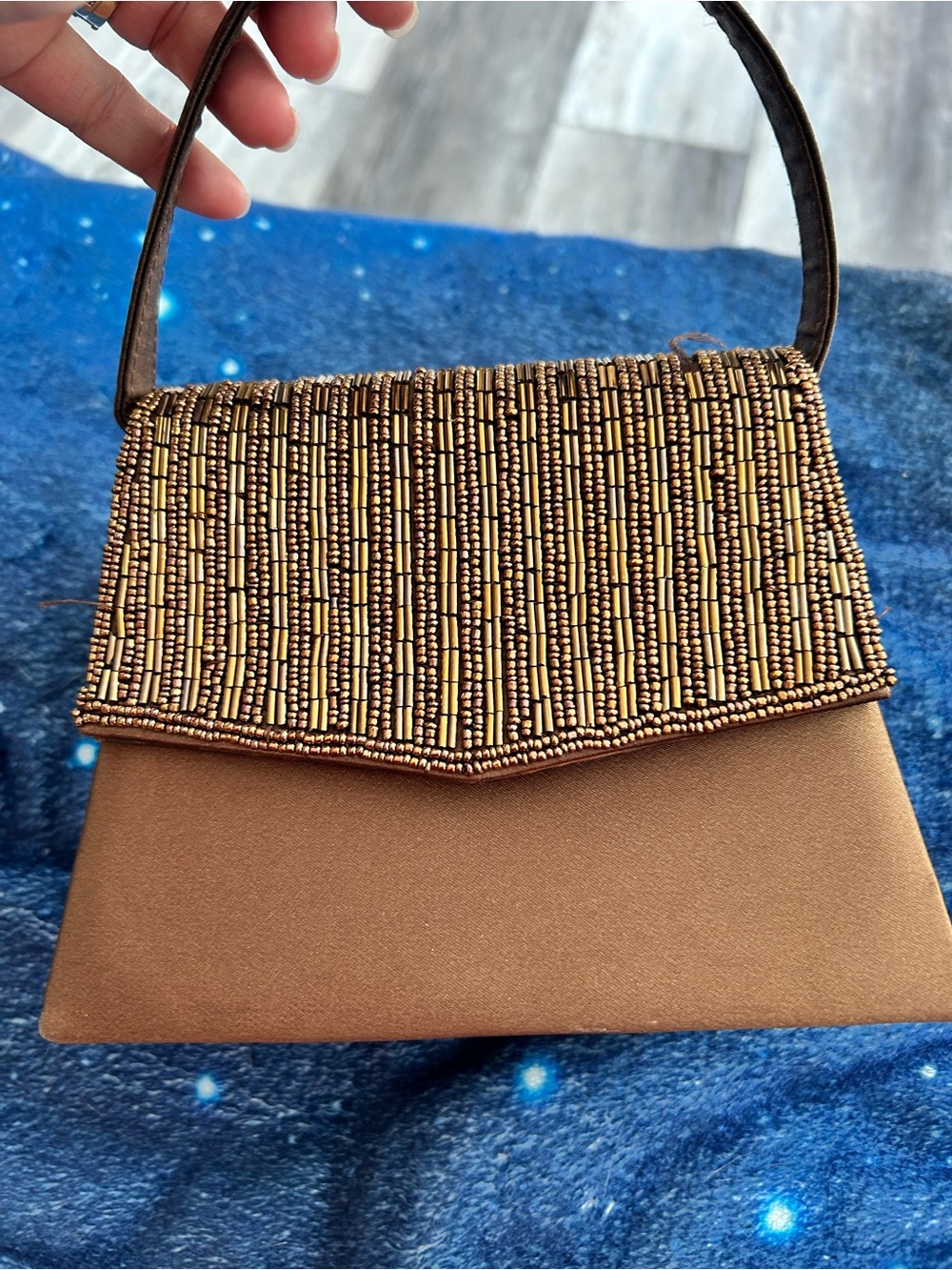 4/$50 Elegant Brown Beaded Flap Evening Bag - Small Top Handle